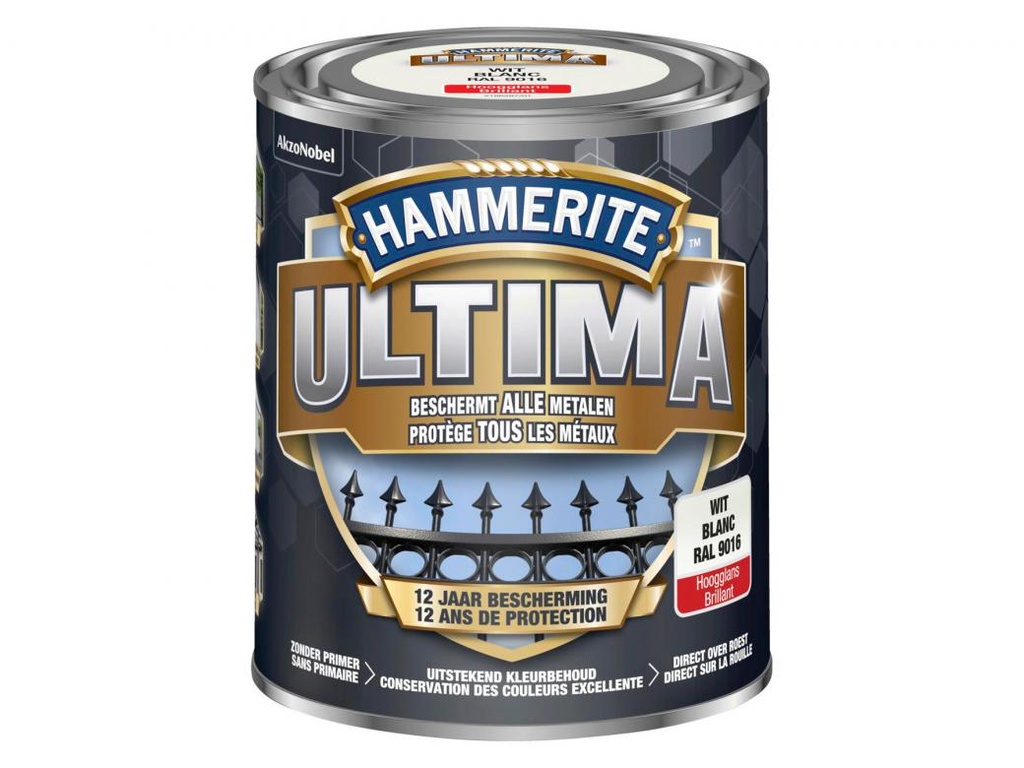 Hamerite Ultima metaallak hoogglans wit RAL9016 - 750ml