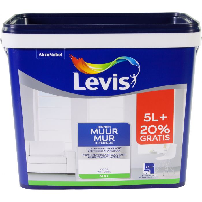 Levis muurverf mat wit 5 + 1 L GRATIS